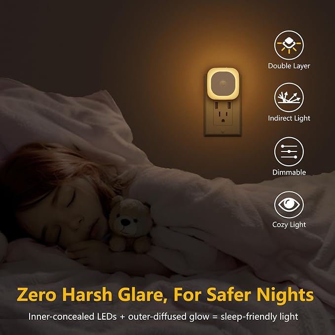 YUNLEX 2 Pack Plug in Night Light with Motion Sensor & Dusk to Dawn Sensor, 3 in 1, Dimmable Reflected Light, Warm White Nightlight for Living Room, Bathroom, Hallway, Stairs