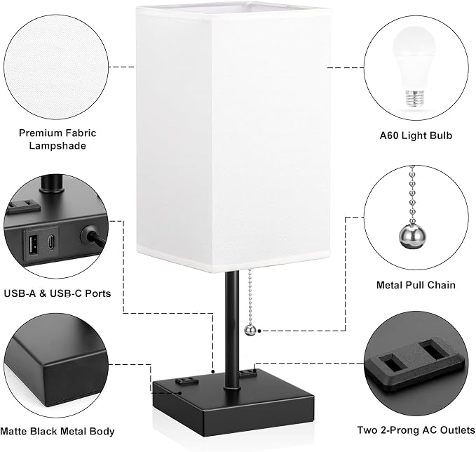 Bedside Lamp for Bedroom - 3 Color Temperatures, USB A+C, 2 AC Outlets | Pull Chain Switch, LED Bulb Included, White Fabric Shade, 17.4" Table Lamp for Nightstand, Desk, Living Room, Office