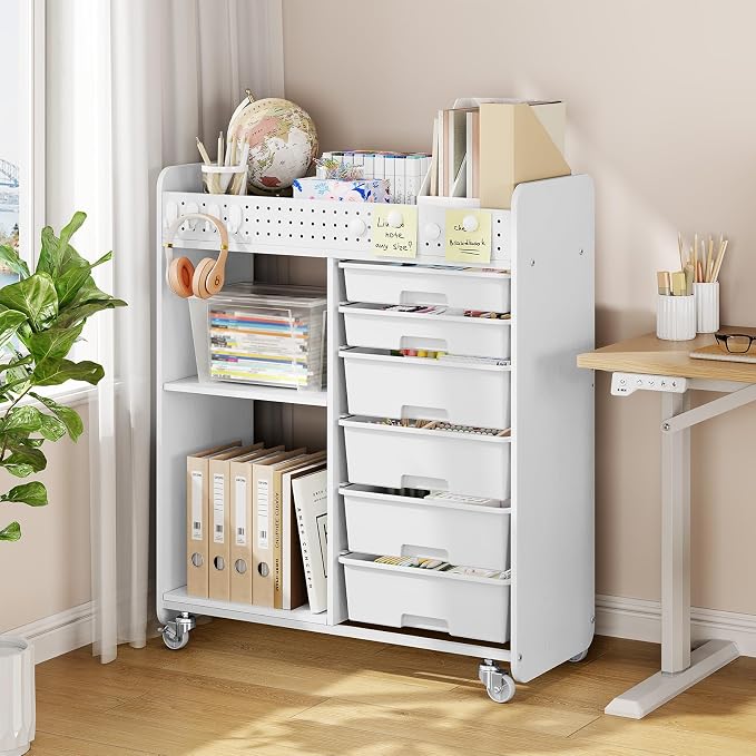 Rolling Craft Cart with 6 Drawers, Pegboard and Locking Wheels White | Ample multi-zone storage, 2 open shelves, art cart for classrooms, homeschool and offices, sturdy wood-metal frame