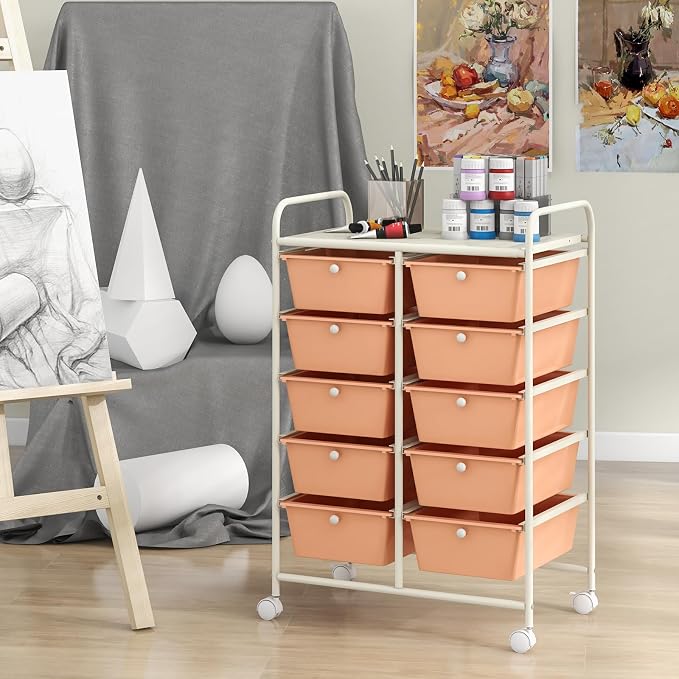 BECOMFORT 10-Drawer Rolling Cart with Drawers, Storage Cart on Wheels, Teacher Classroom Organizers with Metal Frame, Mobile Craft Cart, Trolley Utility Cart for School Office Play Room