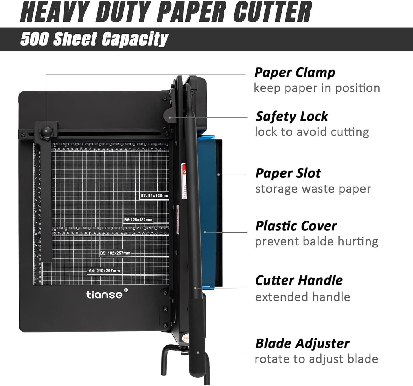 TIANSE Heavy Duty Guillotine Paper Cutter A4 12" Guillotine Paper Cutter 500 Sheet Capacity Solid Steel Construction with Double Safety Protection Perfect for Trimming Paper Cardstock Matboard Black