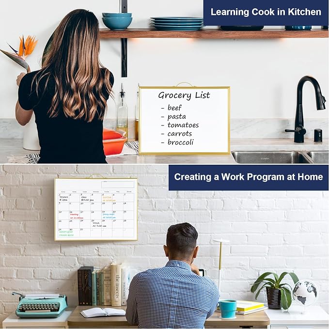 White Board Calendar - 12 X 16 Inches Magnetic Dry Erase Board Monthly Calendar, Double Sided Whiteboard with a Handle, to Do List Notepad for Office, Home, School, Gold Aluminum Frame