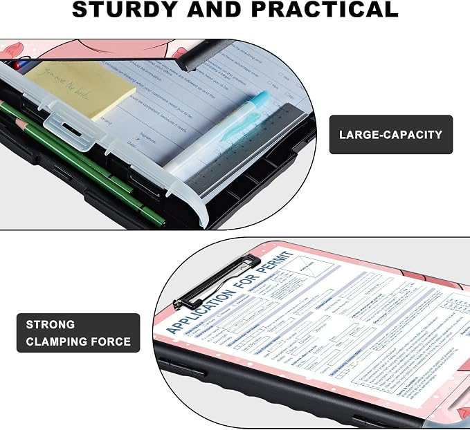 Clipboard with Storage,Storage Clipboard with Pen Holder,Heavy Duty Plastic Storage Clipboard with Low Profile Clip,Teacher Must Haves,Clipboard Folder,Office Supplies,Cute Pink Pig -1348