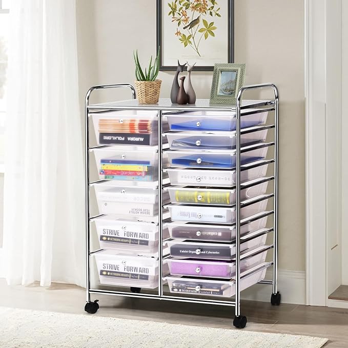 15 Drawer Rolling Storage Cart, Rolling Cart with Drawers for Classroom, Art Supply Craft Organizer on Wheel with Metal Frame & Handles for Home Office School