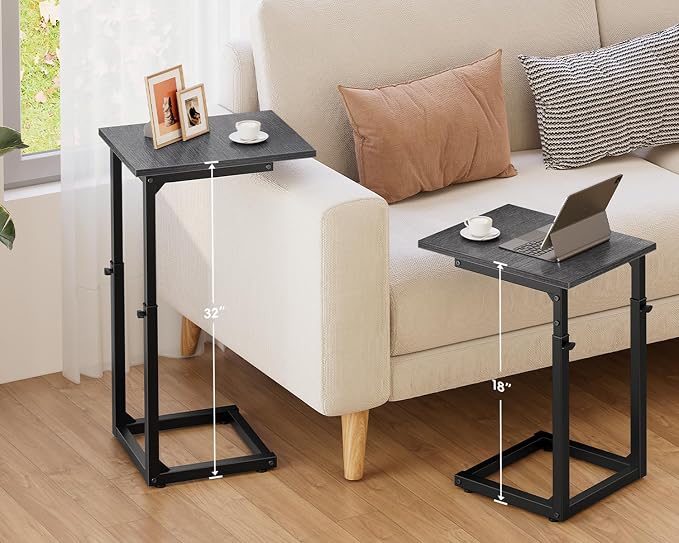 C-Shaped End Table, 33" Tall C Table Adjustable Height Side Table, Small Couch Table with Metal Frame, Slide Under Sofa TV Tray for Living Room, Bedroom, Bedside, Small Spaces, Gray Walnut