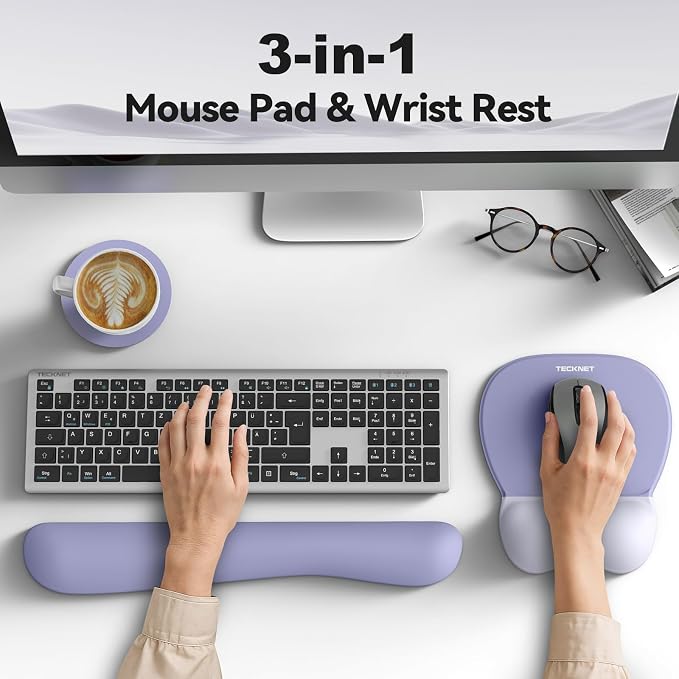 TECKNET Gel Ergonomic Mouse Pad & Keyboard Wrist Rest & Coaster | 3 in 1 Set, Pain Relief, Milk Silk Cloth, Non-Slip PU Base, Easy Typing, Memory Foam Wrist Support for Office & Home