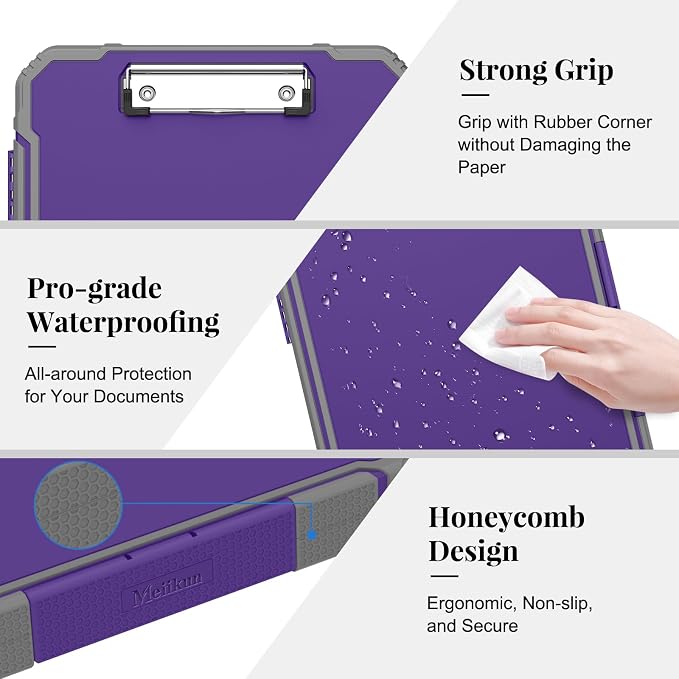 Meiikun Clipboard with Storage, Rugged Shockproof Protective, Internal Pen Pouch & Metal Clip, Heavy Duty Plastic Clip Boards 8.5x11, High Capacity Contractor Folder for School Office (Purple)