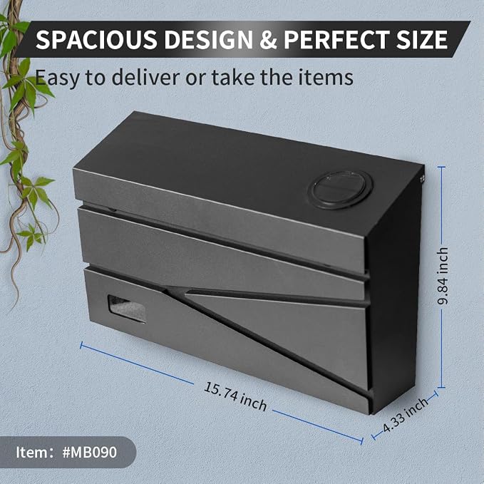 Ydocabinit Wall Mount Mailbox, Large Capacity Mailbox for House, Visibility Galvanized Steel Rust-Proof Metal Post Box Drop, Mailboxes for Outside, 15.74"×9.84"×4.33" Solar Lanterns Black