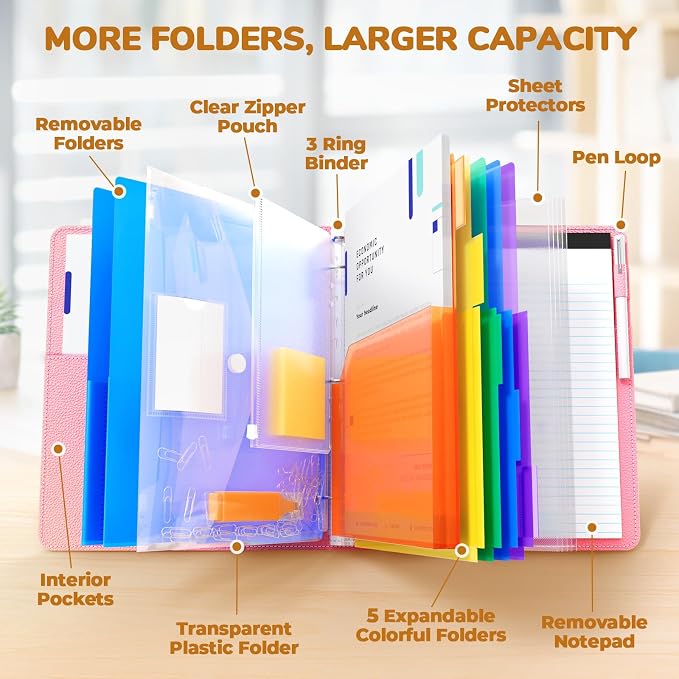 JoyCat 3 Ring Binder Clipboard with Storage, 5 Folders, Pink | 3 ring clipboard portfolio combines five expandable folders, a refillable letter-size notepad and storage