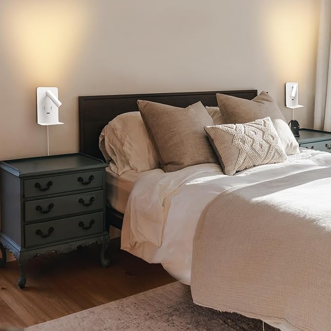 ZEROUNO Plug in Wall Light Bedroom Wall Mounted Reading Light LED Bedside Sconces with Switch USB Port Wall Lighting Lamps 3000K(White)