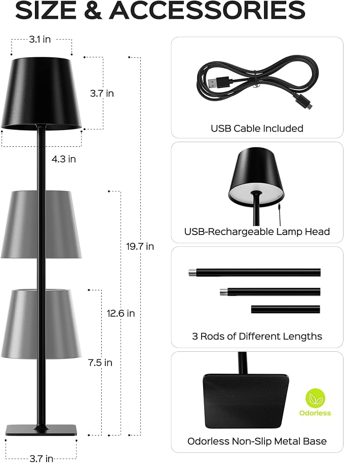 JACKYLED Cordless Table Lamps Rechargeable, 3 Adjustable Height, 5000 Capactiy Operated, 3 Colors Smooth Dimming, Portable LE