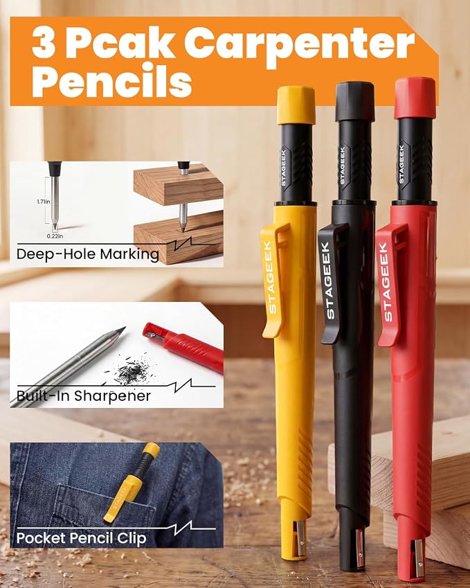 STAGEEK 36 Pack Carpenter Pencils Set With 102 Refills | Construction Pencil, Deep Hole Long-Nib Marker Pens, Automatic Center Punch and Carbide Scribe Tool for Woodworking with Case