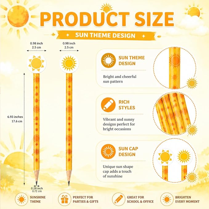 32 Pcs Sun Pencil with Eraser Summer Party Favors Gifts Stationery Supplies for Classrooms Exchange Reward Prizes Home Office School Supplies(Orange and Yellow)