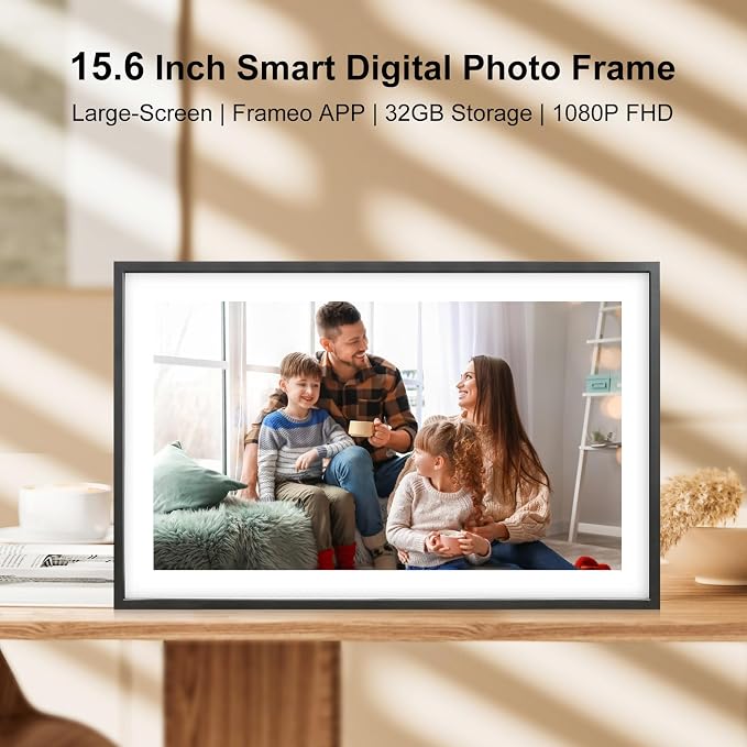 Frameo 15.6 Inch Large Digital Photo Frame, Digital Picture Frame WiFi with 32GB, 1920 * 1080 IPS HD Touch Screen, Electronic Picture Frame IPS Touch Screen， Auto-Rotate, Gifts for Mom, House Warming