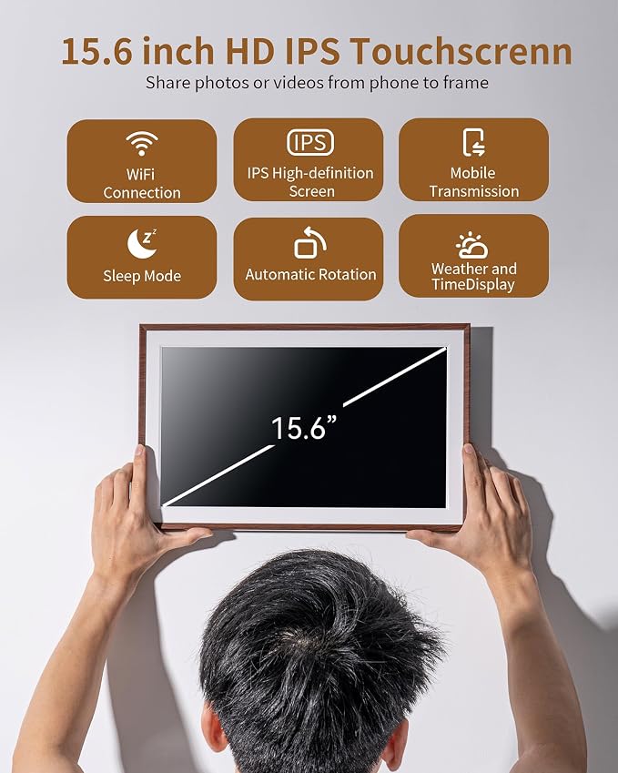 FRAMEO 15.6 Inch 32GB WiFi Large Digital Photo Frame 1920 * 1080 IPS FHD Touch Screen Smart Digital Picture Frame, Wall Mountable, Auto-Rotate,Share Instantly, Birthday Gifts for Women, Mom