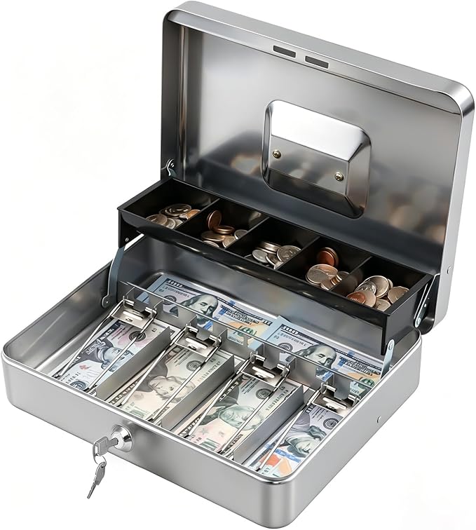 KYODOLED Locking Cash Box with Lock,Money Box with Cash Tray,Lock Safe Box with Key Money Saver,Money Saving Organizer,11.81Lx 9.45Wx 3.54H Inches,Lightgrey XL Large