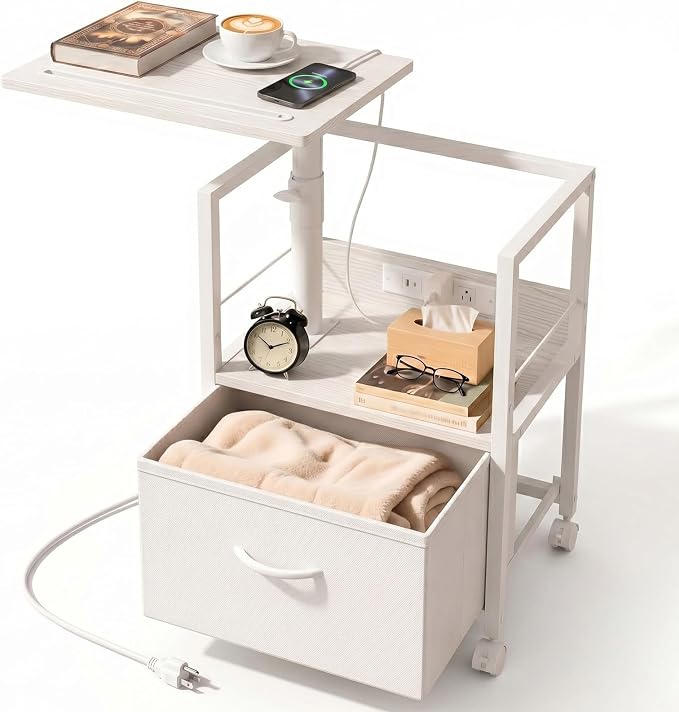 Faesun Swivel Lift Top Nightstand with Charging Station, Rolling Side Table for Recliner, Bedside Table with Wheels & a Fabric Drawer, for Small Spaces, for Bedroom, Living Room, White