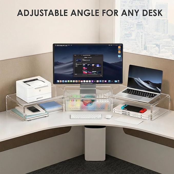Clear Acrylic Desk Organizers and Accessories, Dual Monitor Stand Riser with Drawer, Desk Shelf Computer Racks for Office Workspace Organizers, Desktop Organization (Transparent)