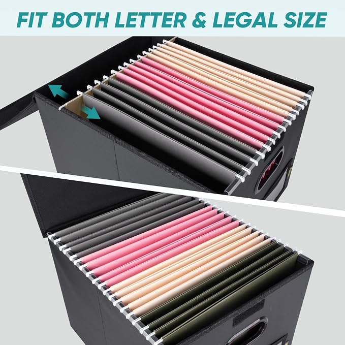 BALEINE File Organizer Box with Lid, Collapsible Hanging File Storage Box | Smooth Plastic Rails, Textured Fabric Exterior, Collapsible Hanging File Folder Box for Office Document Storage
