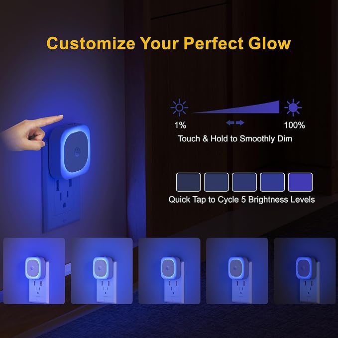 YUNLEX 2 Pack Plug in Night Light with Motion Sensor & Dusk to Dawn Sensor, 3 in 1 Blue Night Lights Plug into Wall, Dimmable Nightlight for Bathroom, Bedroom