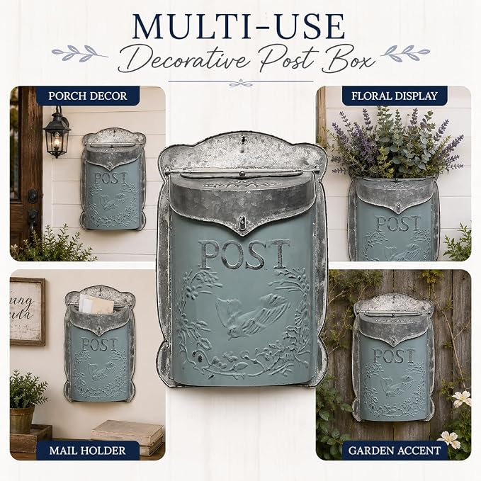 I Vintage Style Post Box I Nostalgic Charm Home Decor I Farmhouse Design I 15.9" Height x 11" Wide (Blue)