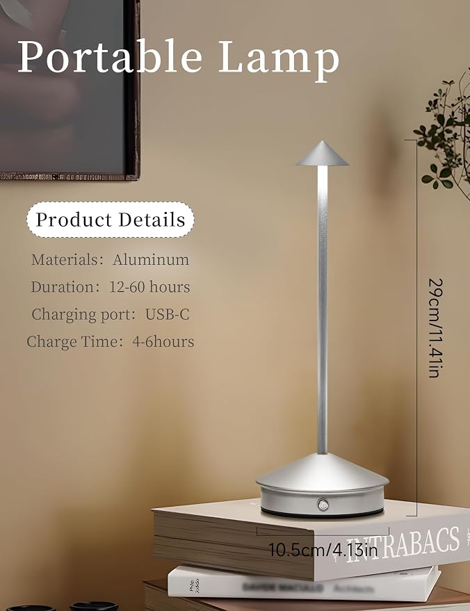 LED Rechargeable Cordless Table Lamps Silver | 2 Pcs Portable Modern USB Battery Operated Lights,Waterproof Touch Dimmable Desk Lamp,for Patio,Restaurant,Bar,Dining Home
