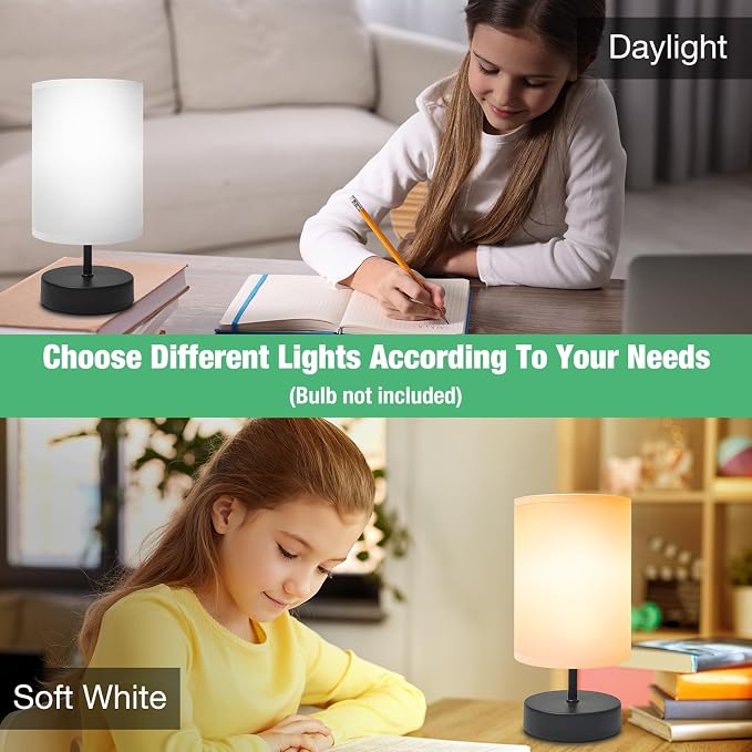 DEGNJU Small Lamp for Bedroom, Bedside Lamps for Night Stands, Mini Minimalist Table Lamp with Round Gray Fabric Shade, 9 Inch Desk Reading Lamp for Dorm Room Living Room Office Room, 2 Pack