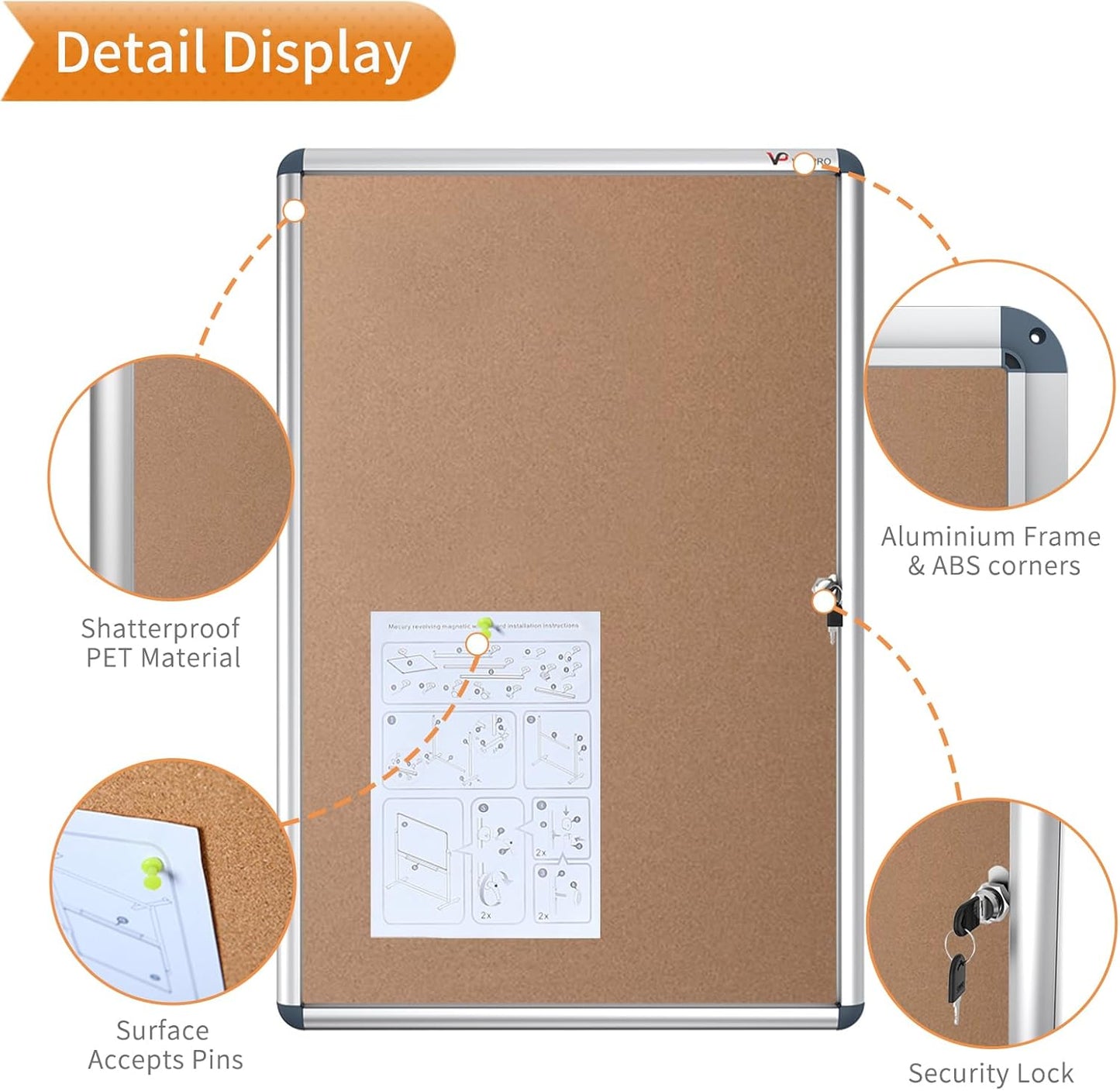 VIZ-PRO Tamperproof Lockable Cork Noticeboard Class 1 Aluminium Framed 36x24 Inches, Pack of 2
