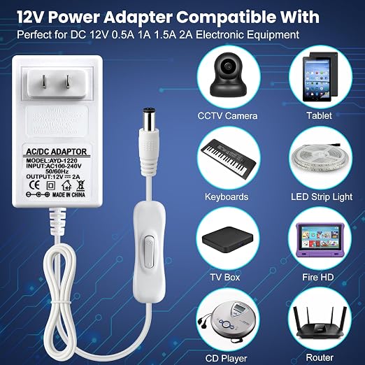 12V 2A Power Supply, 24W 12 Volt DC Power Adapter with On/Off Switch, 110V AC to 12V Wall Plug Transformer for LED Strip Lights with 5.5/2.1mm DC Female Connector