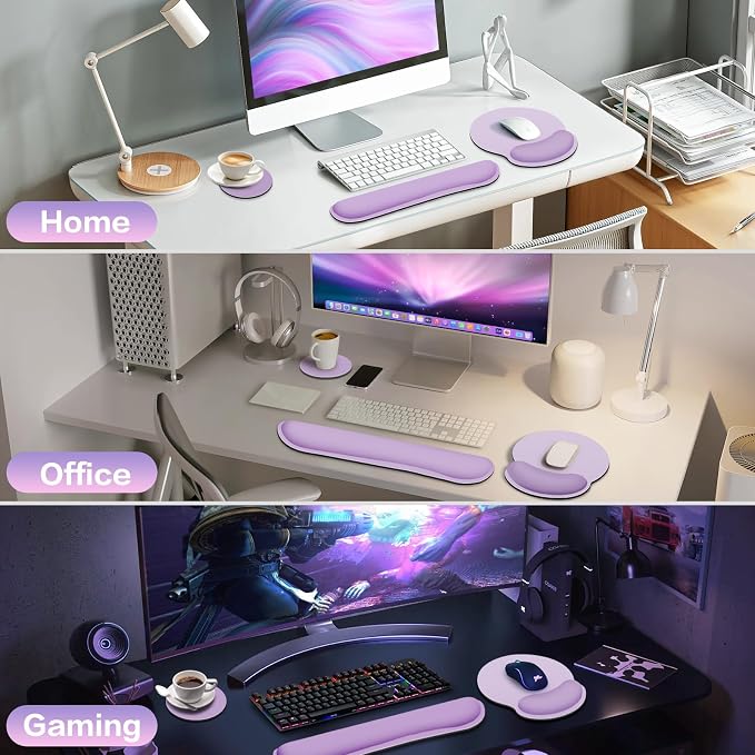Mouse Pad with Wrist Rest Set, 3-in-1 Wrist Support Mousepad | Gaming Mat Pad with Anti-Skid Base,Ergonomic Mouse Pad Purple,Memory Foam Gel Wrist Rest for Computer Keyboard