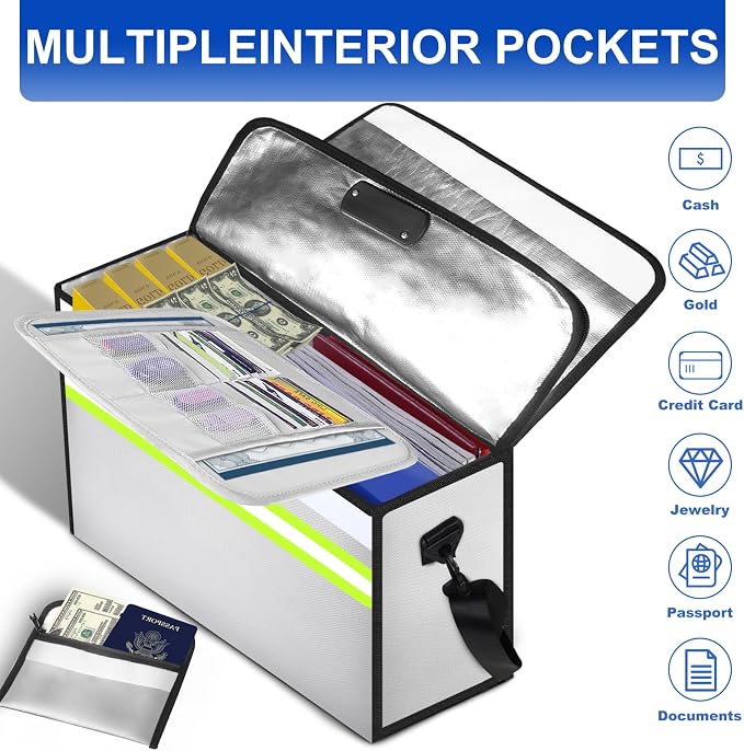 6500°F Large Fireproof Document Bag with Lock/Removable Folder Layers/Small Fireproof Money Bag,10 Layers Heat Insulated,Portable Home Travel Safe Storage for Files(16.5x12.4x5.5 inches)
