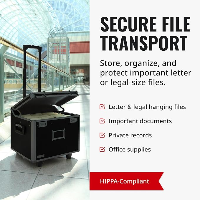 Vaultz Locking Mobile File Chest, Letter/Legal Size Storage Box, Black | Rolling filing chest storage for letter and legal size files, secure lock, compact 17.5x15.5x14.5 in black footprint