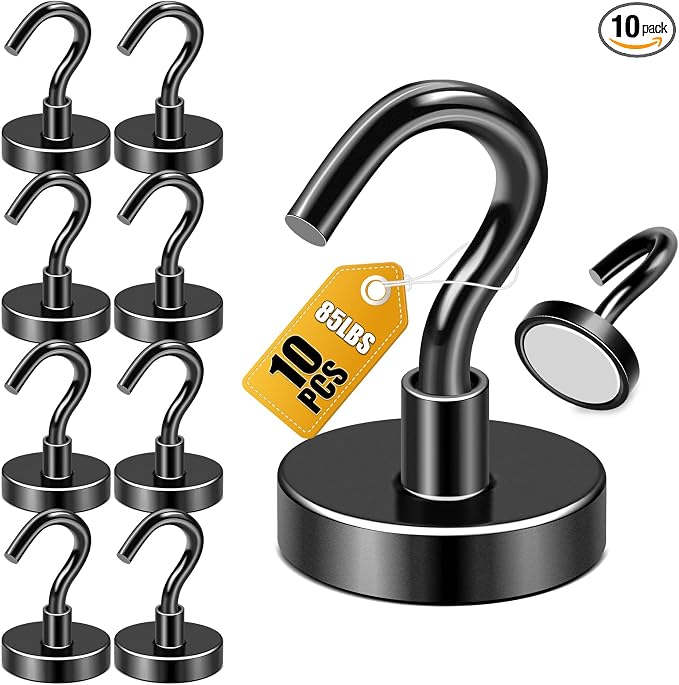 DIYMAG Magnetic Hooks, 85lbs 10pcs Cruise Cabin Essentials Heavy Duty Black | Strong Neodymium Rare Earth Magnets, for Kitchen, Classroom, Beach, Cruise Cabins, Refrigerator, Hanging Key Clothes Wall Hat