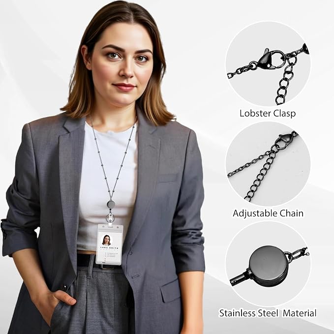 Lanyards for Id Badges Stainless Steel Badge Lanyard with 2 Pcs Waterproof Badge Holder Retractable Badge Lanyards Teacher Lanyard for Cruise Ship Key Cards Id Badges (Black)