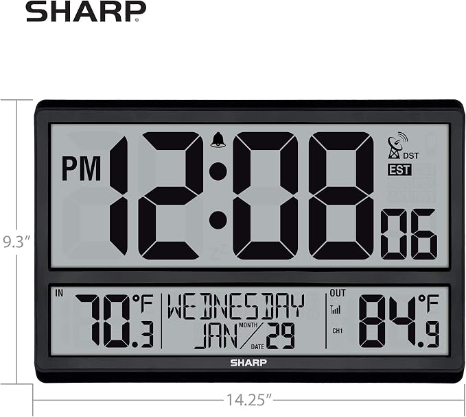 Sharp Atomic Clock - Never Needs Setting! –Easy to Read Numbers - Indoor/Outdoor Temperature, Wireless Outdoor Sensor - Battery Powered - Easy Set-Up (4" Numbers)