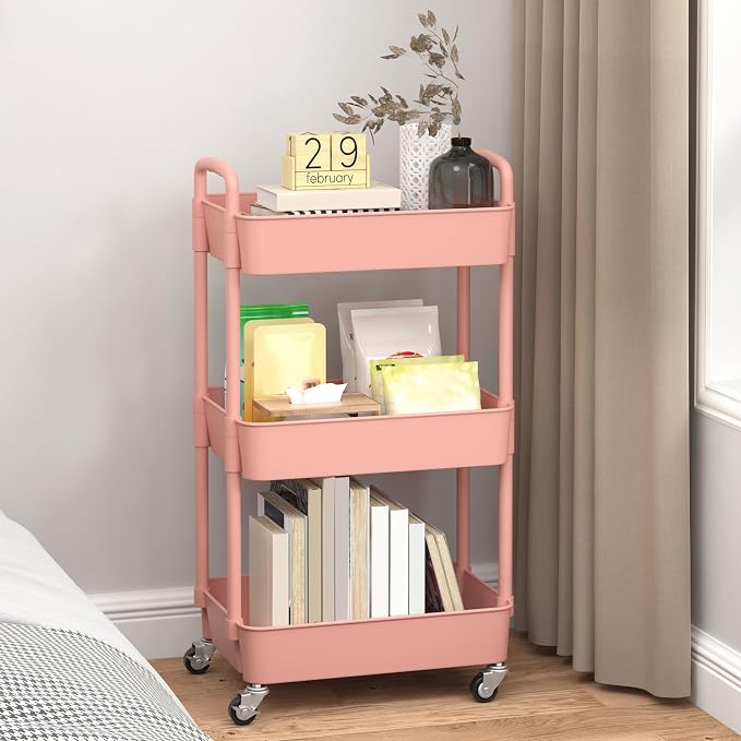 Sywhitta 3-Tier Plastic Rolling Utility Cart with Handle, Multi-Functional Storage Trolley for Office, Living Room, Kitchen, Movable Storage Organizer with Wheels, Pink | Multi-Functional Storage Trolley, for Office, Living Room, Kitchen, Bathroom,Mova...
