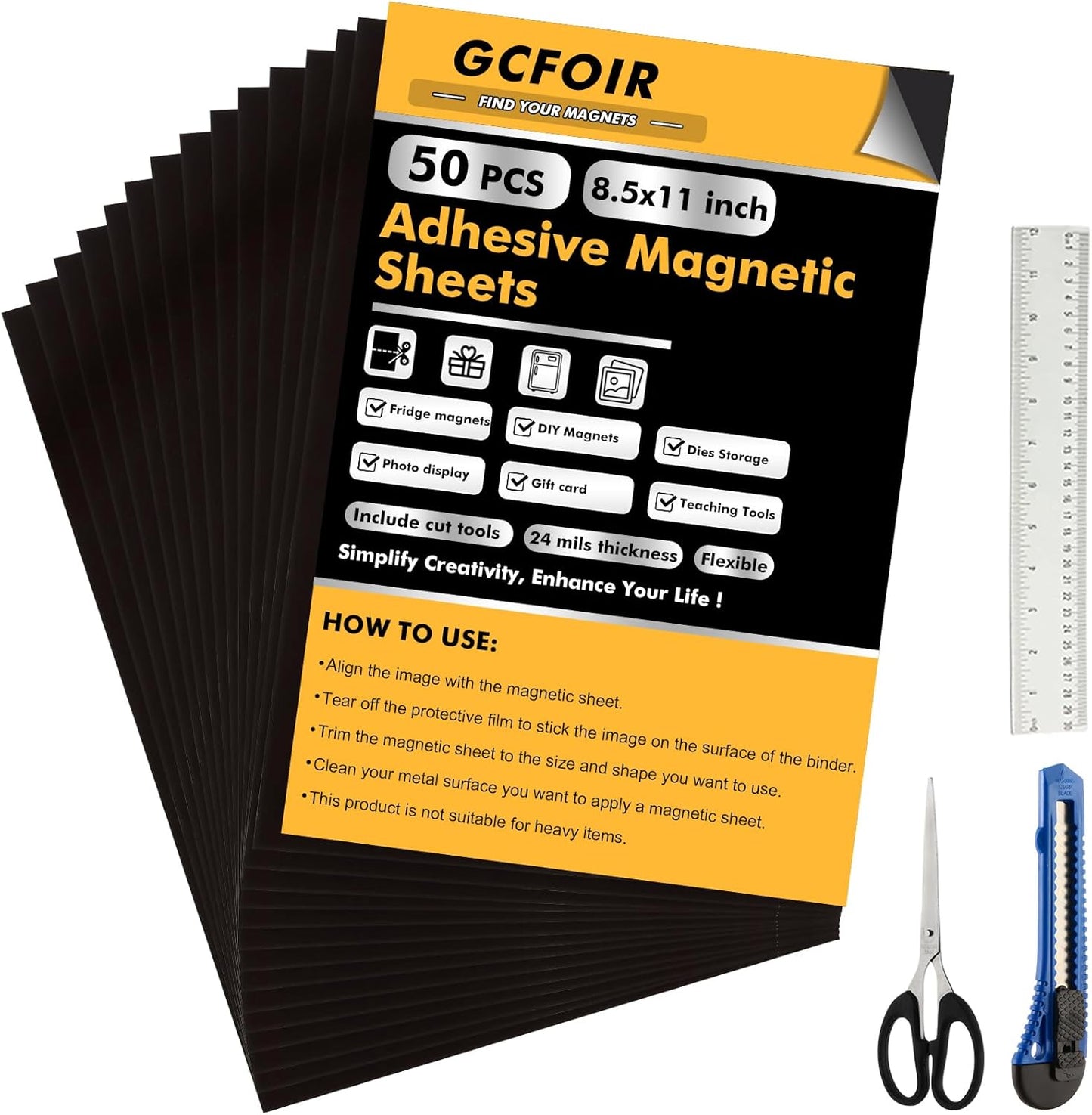 Adhesive Magnetic Sheets 8.5 x 11 Inch, 50 Packs Magnetic Sheets with Adhesive Backing - 0.5mm Thickness Flexible Magnet Sheets for Dies Storage, Craft Projects, Photos, School, Office