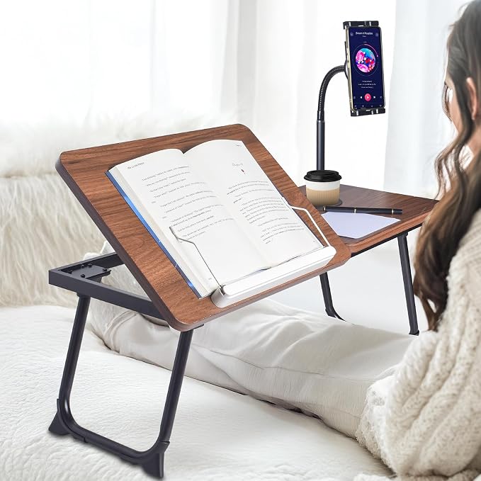 wishacc 28.7" Extra Wide Laptop Lap Desk for Bed and Sofa, Adjustable Bed Desk with Flexible Phone & Tablet Mount, Portable Black Lap Tray Table for Floor Couch Work, 2 Book Clips Included