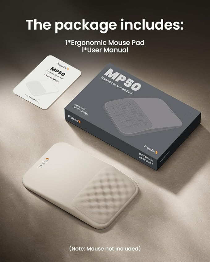 ProtoArc MP50 Ergonomic Mouse Pad with Wrist Support, Lycra Surface, Beige | 8° slope & massage points, soft memory foam, Large 12x8 Inches, Non-slip base. Relieves wrist strain for office & home