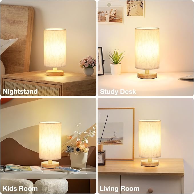 Small Lamps Set of 2 (Cream Shade - Wood Base, 9" Inline Control) | Two 3000K LED Blubs Included | 680 Lumens | Easy Assembly | Minimalist Design | E26 | for Kitchen | for Kids Room