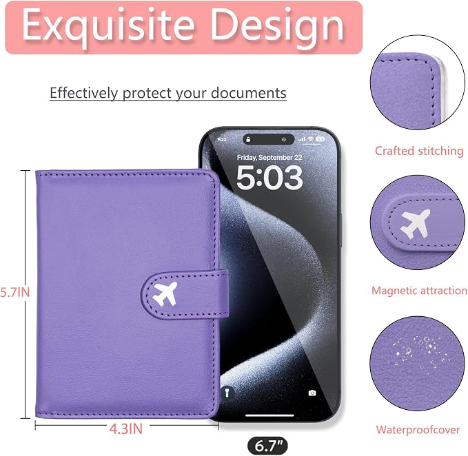 Passport Holder, Cute Travel Wallet Cover with RFID Blocking,Purple | PU leather travel wallet with magnetic closure, card slots, pen loop, and easy access for passports and essentials.