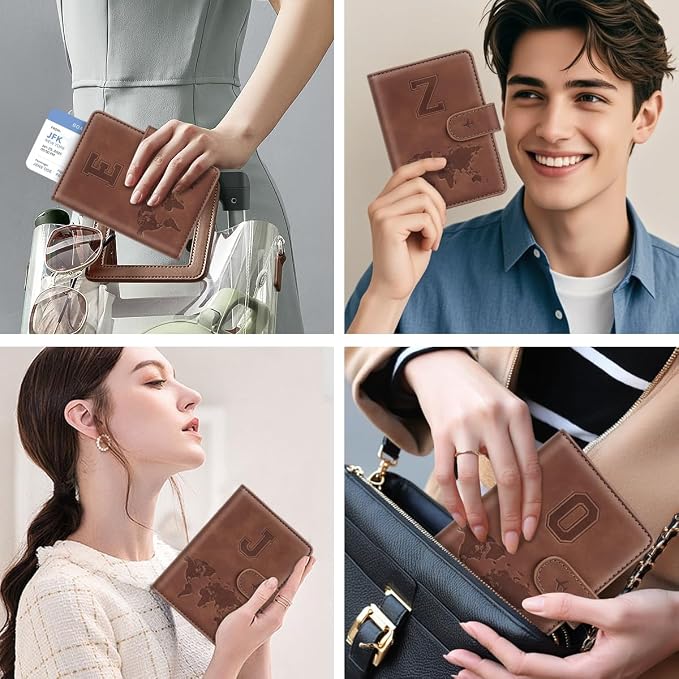 Passport Holder Wallet Cover Personalized Initial Travel Essentials | Embossed Letter A-Z Design, Travel Wallets, RFID Blocking, Passport Book Holders, Women and Men, Personalized Gifts, Brown-Z