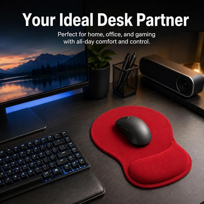 Mouse Pad with Wrist Rest Ergonomic Memory Foam Support, Non-Slip Rubber Base, Comfortable Typing Cushion for Home Office Computer Laptop, Red