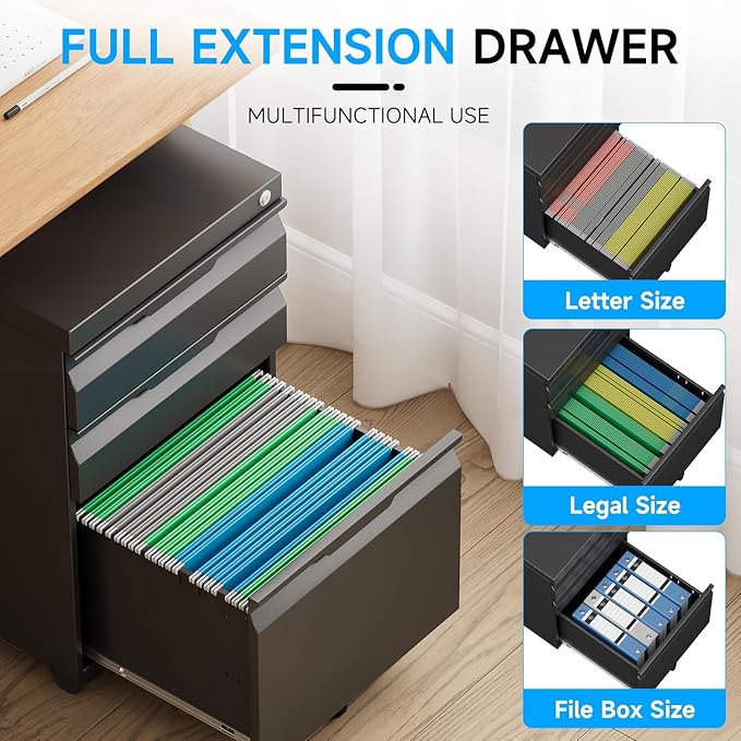 3 Drawer Mobile File Cabinet with Lock, Rolling File Cabinet with Wheels | Metal Small Filing Cabinet with Wheels for Home Office Storage, Fits Legal/A4/Letter/Document Size, Required Assembly, Black