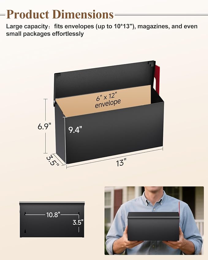 Wall-Mount Mailbox for Outside, Large Capacity Rust-Proof Mail Box with Stay-Open Lid & Red Flag Kit, Galvanized Steel Weather-Resistant Post Box for House Outside, 13"x4.1"x6.9", Black