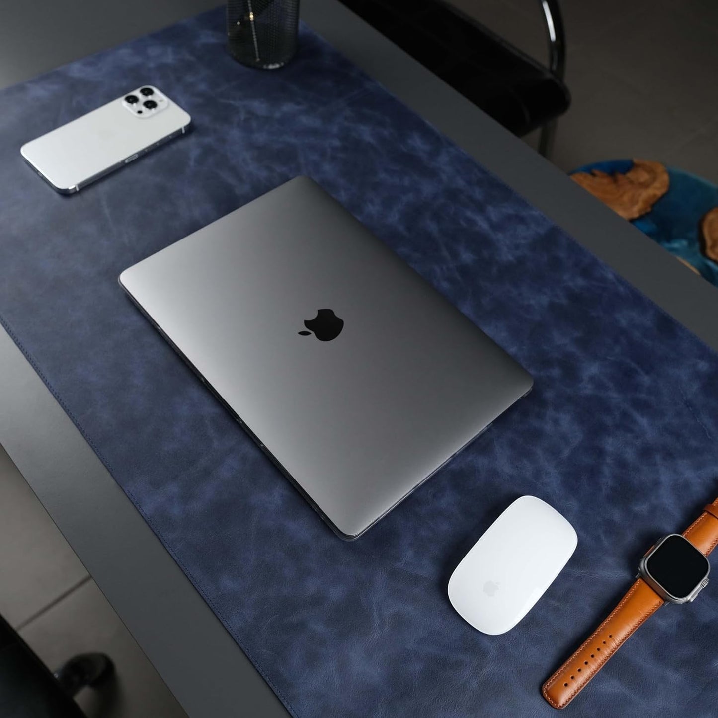 Jersey Genuine Calfskin Leather Desk Pad, Office Desk Mat with Non-Slip Bottom, Smooth Surface for Mouse & Keyboard, Desk Protector (14.6x31.5 inches) (Navy)