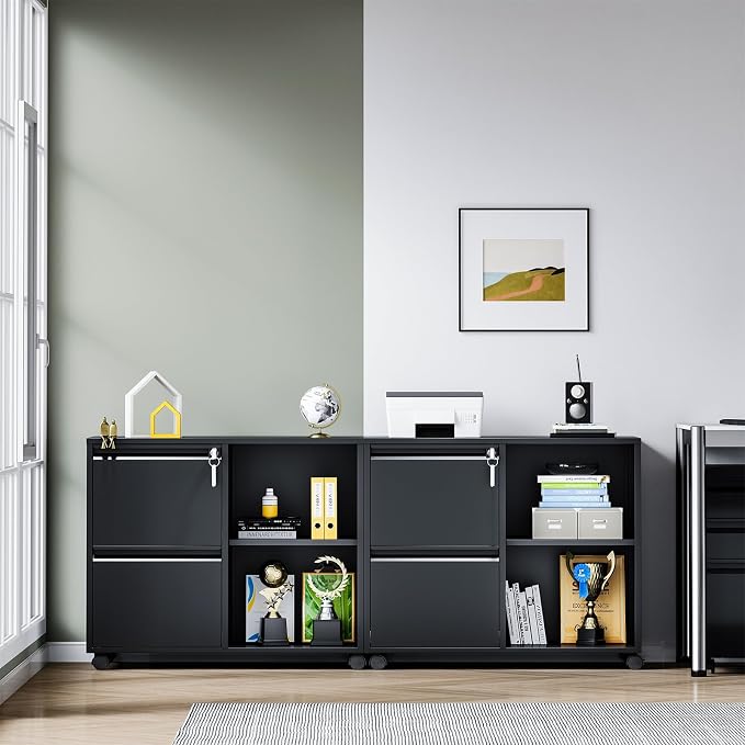 2-Drawer Metal File Cabinet with Lock, Mobile Lateral Filing Cabinet, Printer Stand with Adjustable Storage Shelves for Home Office (Black)