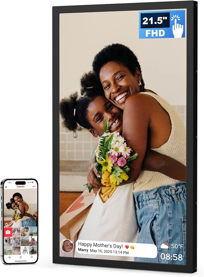 FRAMEO 21.5 Inch Touchscreen Large Digital Photo Frame, 1920x1080 WiFi Digital Picture Frame 64GB, Security Share Photo/Video via APPs, Email, USB/Mirco SD, Easy Set Up, Gifts for Mom