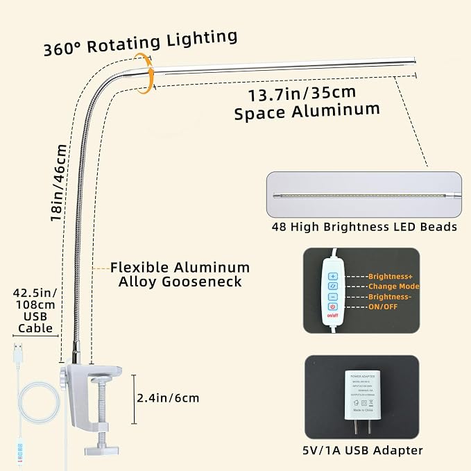 Space Aluminum LED Desk Lamp with Clamp Reading Study Desk Light | Clip on Light for 3 Modes 10 Brightness Flexible Gooseneck with USB Adapter Table Lamp for Home Office Computer Nail Work