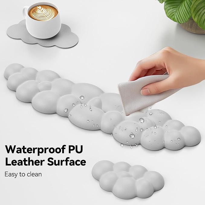 TECKNET Cloud Keyboard Wrist Rest Set, Cloud Wrist Rest with Non-Slip Base, PU Leather Wrist Pad for Keyboard with Ergonomic Memory Foam for Computer Laptop Office Gaming and Pain Relief, Grey